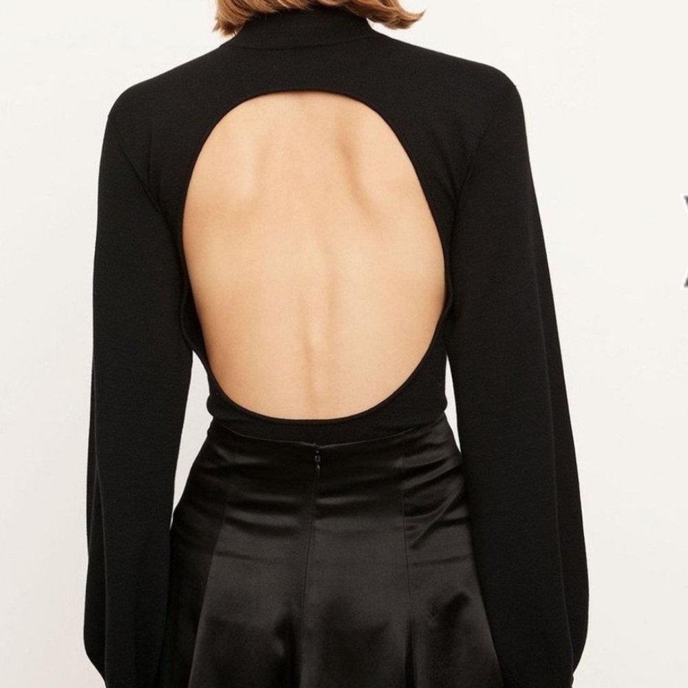 Vince Black Open Back Puff Long Sleeve Mock Neck Cotton Blend Top
